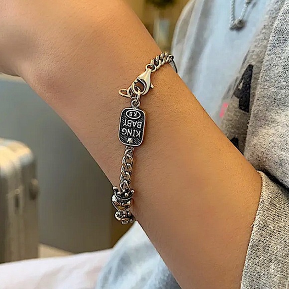 Crown Heart Sterling Silver Chain Link Bracelet Unisex - Picture 3 of 9